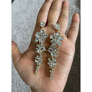 White rhinestone gold earrings clear long bridal prom crystal pierced earrings